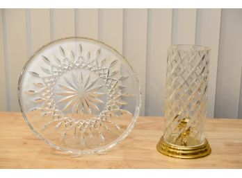 Waterford Wyndham Crystal Hurricane Candlestick Holder With Brass Base And Waterford Lismore Cake Plate