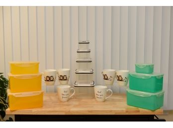 Collection Of Lock N Lock Storage Containers, Set Of Six Pfaltzgraff Owl Coffee Cups And More