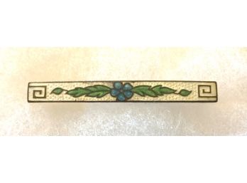 Victorian Enameled Bar Pin, Blue Flower, Green Leaves & Off White Backround