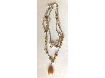 Charming Silver Double Strand Neckace With Amber & White Color Beads