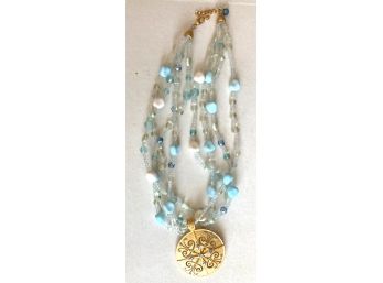 Impressive Necklace Of Gold Tone WithPale Blue & White & Clear Beading With Gold Tone Pendant With Pale Blue R