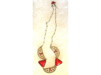 Vintage Necklace Embellished With Red Glass & Enamel