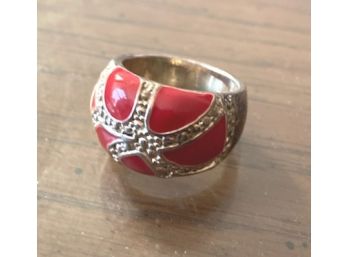 FASHION RING In Silver Tone With Red Enameling