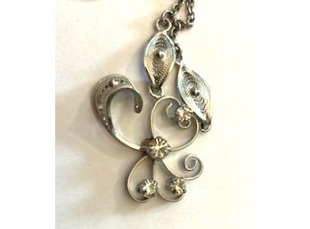 Floral Design  Sterling Necklace With Rhinestones