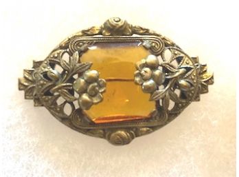 Wicked Nice Floral Pin With Large Amber Color Stone