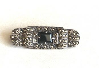 Beautiful Sterling Antique Bar Pin With Marcasites & Onyx