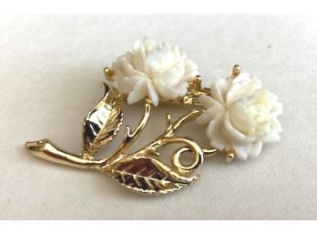 Gold Tone Pin With Two White Flowers In Bloom