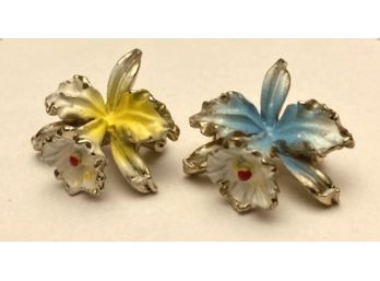 TWO Charming Flower Pins, One In Yellow & One In Blue