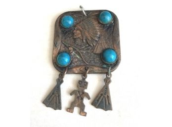 Southwest Style Pendant, Copper Look With Turqouise, Indian In Full Headress