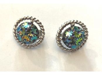 Bold Pair Od Signed SARAH COV Clip Earrings, Silver Tone With Super Nice Inserts