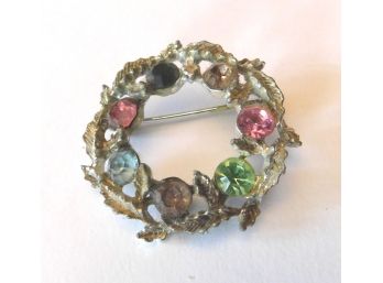 Vintage Wreath With Colorful Rhinestones Pin