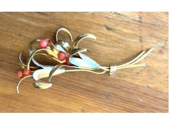 Beautiful Floral Pin With Coral Colored Berries