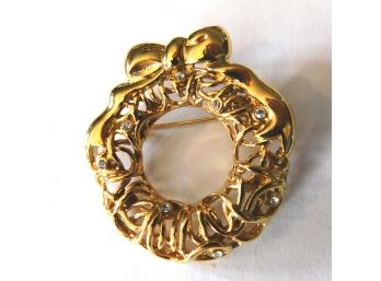 Gold Tone Wreath Pin SIGNED 'MONET' With Small Rhinestone Inserts