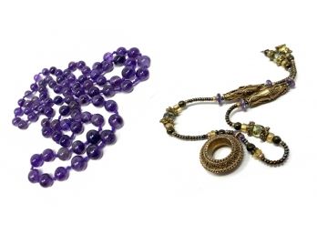 Beautiful Genuine Amethyst Bead Necklace Plus Lovely Intricately Detailed Costume Necklace