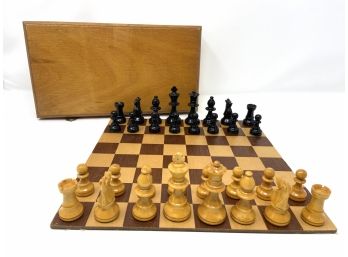 Vintage Traveling Chess Set With Folding Wooden Board And Box