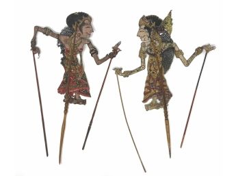 Amazing Pair Of Antique Thai Pierced Buffalo Hide 19th Century Handmade Female Shadow Puppets, Nang Yai