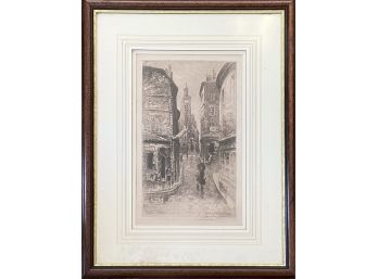 Antique Framed OriginalEtching Of Rue De La Montagne And St Genevieve, Paris Pencil Signed By Lucien Gautier