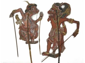 Amazing Pair Of Antique Thai Pierced Buffalo Male Shadow Puppets, Nang Yai - One Puppet With Moving Mouth