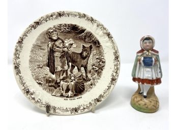 Antique Staffordshire Brown And White Plates And Small Staffordshire Figure Of Little Red Riding Hood