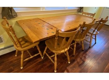 Wooden Trestle Table, 5 Chairs, Two 11' Leaves