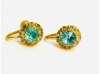 Stunning Clear And Aqua Marine Colored Stone Stud Earrings