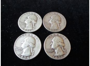 4 U.S. Washington Silver Quarters, 1951 D, '52 D, '54, '57 D