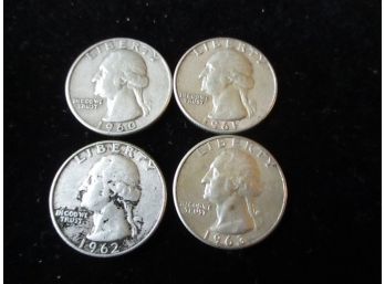 4 U.S. Washington Silver Quarters, 1960 D, '61, '62 D, '63