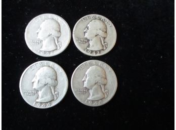 4 U.S. Washington Silver Quarters, 1941 S, '42, '44, '45