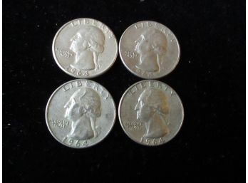 4 U.S. Washington Silver Quarters, 2 1964 D, 2 1964 P