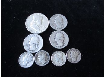 Set Of 8 U.S. Coins, Franklin Half Dollar, 3 Washington Quarters, 4 Mercury Dimes