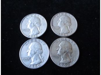 4 U.S. Washington Quarters, 1952 P, '60 D, '62 D, '63 D