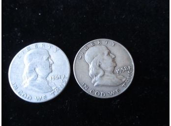 1958 D, 1961 P U.S. Ben Franklin Silver Half Dollars