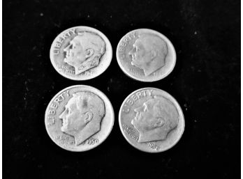 4 U.S. Roosevelt Silver Dimes, 1948 D & S, 1950 D, 1958 P