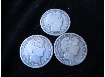 3 Coins, 1908 O, 1909 P, 1909 S U.S. Barber Silver Half Dollars