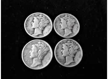 4 U.S. Mercury Silver Dimes, 1939, '40D, '42, '43