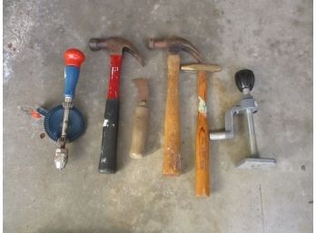 6 Vintage Tools, Hammers, Hand Drill