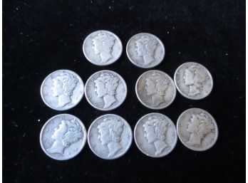 10 U.S. Mercury Dimes, 1941-1945