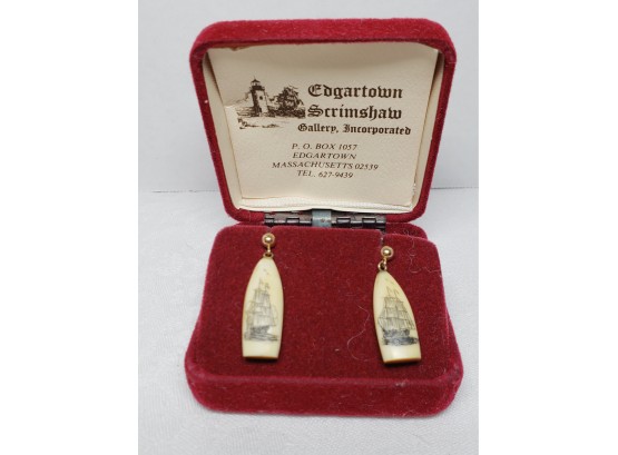 Vintage Scrimshaw Earrings With 14k Posts