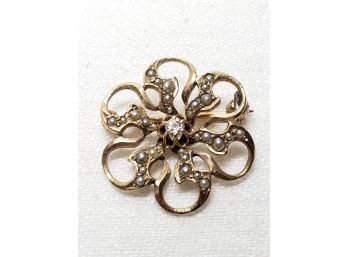 Antique 14k Diamond And Seed Pearl Pin