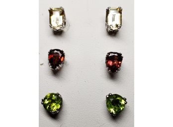 Three Pairs Of Sterling Earrings With Citrine, Peridot And Garnet