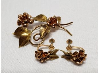 Vintage Krementz Rose And Yellow Gold Tone Brooch & Earring Set