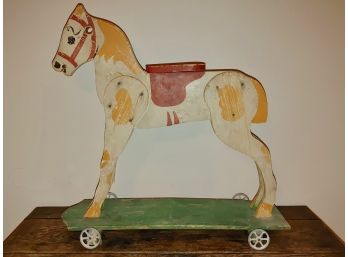 Antique French Wooden Child's Toy Horse On Wheels