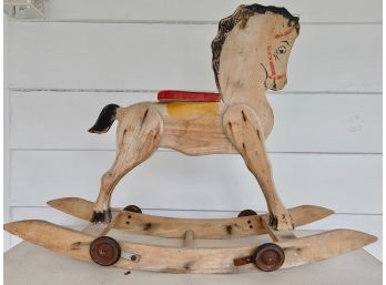 Antique French Wooden Rocking Horse On Wheels