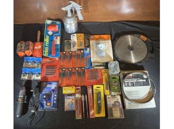 Assorted Lot Of Razors, Saw Blades, Attachments & Painting Equipment