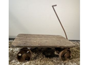 Industrial Wood Platform Cart On Iron Wheels And Handle. Wheels Turn Freely.