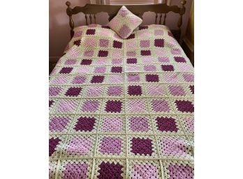 Vintage 75 In. X 80 In. Granny Square Crochet Heavy Weight Afghan  Matching Pillow