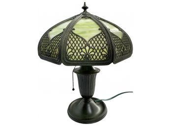 Signed MILLER Antique Art Nouveau 8 Panel  Bent Slag Glass Metal Overlay Lamp ( See Description)