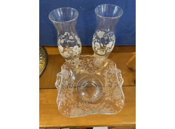 Pretty Set Of Etched Glassware - Floral Design With Candy Dish