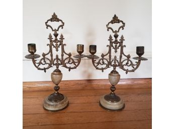 Vintage Brass And Marble Candelabra's