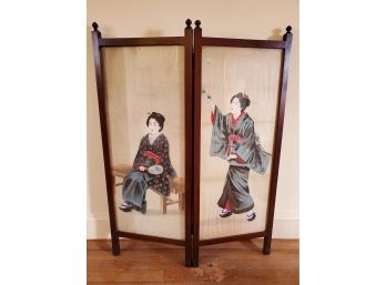 Antique Mahogany Frame Asian Painting On Silk Privacy Panel